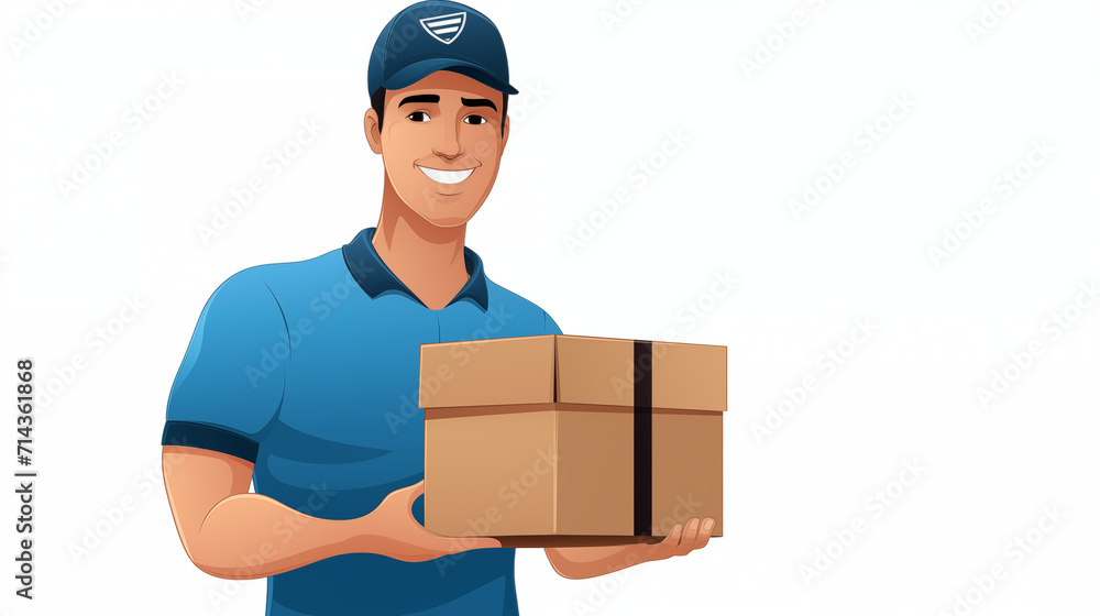 An illustration of an employee of a delivery and mailing company holding a large box An illustration of an employee of a delivery and mailing company holding a large box