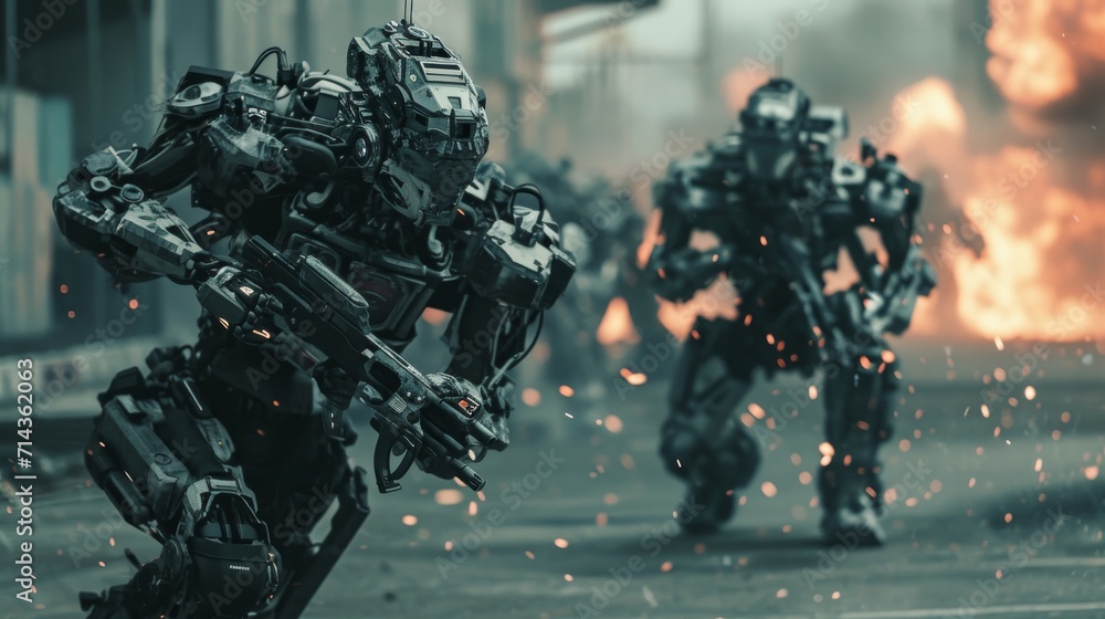 In a post-apocalyptic world, a pack of mechanized warriors sprint through a war-torn landscape, brandishing powerful firearms in a thrilling race for survival - obrazy, fototapety, plakaty 