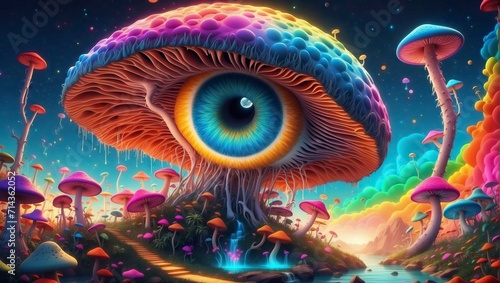 the big eye illustration as rainbow mushroom head in fairy dan dreamy, 3d rendering