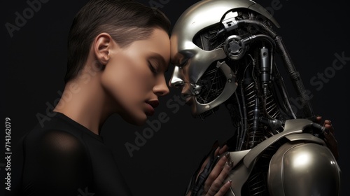 Robot hugs a woman. Relationship and love between android and human. Black background. AI Generated