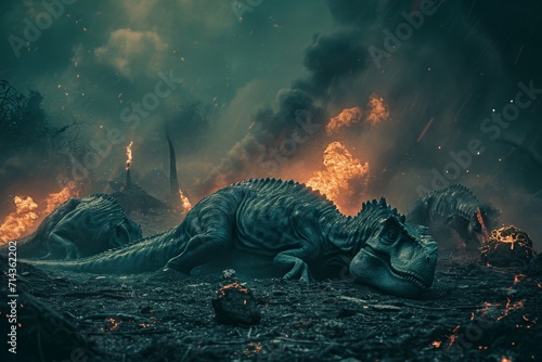 As the fiery sky cast a warm glow over the outdoor field, a fierce group of dinosaurs roamed amidst the smoke and flames, resembling majestic dragons in their primal grace photo