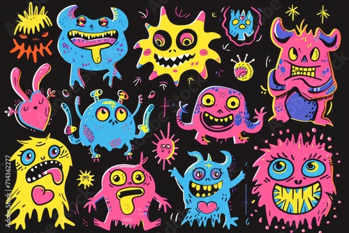 An animated clipart drawing of a group of monstrous characters, brought to life through vibrant illustrations and playful cartoon graphics