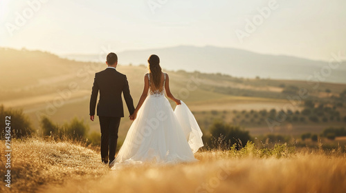 The bride and groom walking hand in hand, with a beautiful landscape in the background, wedding day, dynamic and dramatic compositions, blurred background, with copy space