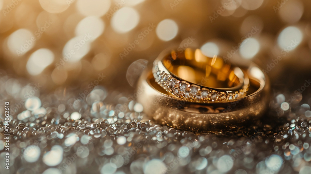 An intimate close-up of the wedding rings, symbolizing eternal love, wedding day, dynamic and dramatic compositions, blurred background, with copy space An intimate close-up of the wedding rings, symbolizing eternal love, wedding day, dynamic and dramatic compositions, blurred background, with copy space