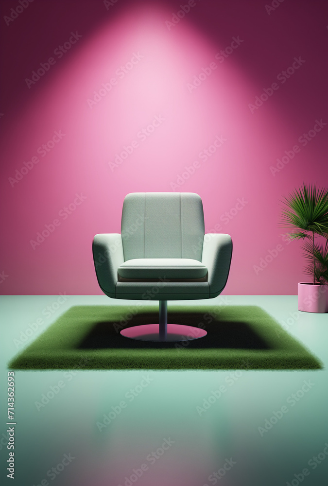 Obraz premium green chair in the pink room.Minimal interior concept.Copy space,top view.Generative AI