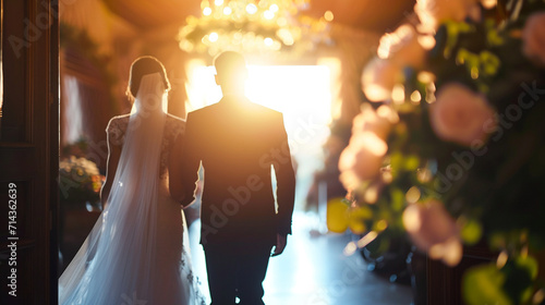 The bride and groom's grand entrance into the reception, wedding day, dynamic and dramatic compositions, blurred background, with copy space photo