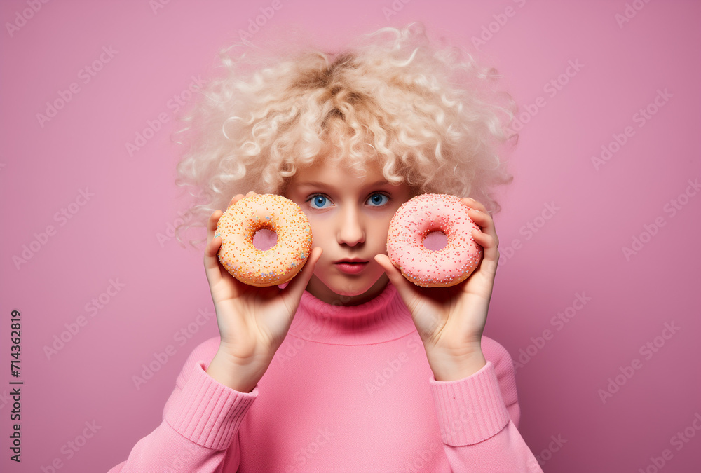 Girl with donuts with pink frosting.Minimal creative food concept.Copy space,top view.Generative AI Girl with donuts with pink frosting.Minimal creative food concept.Copy space,top view.Generative AI