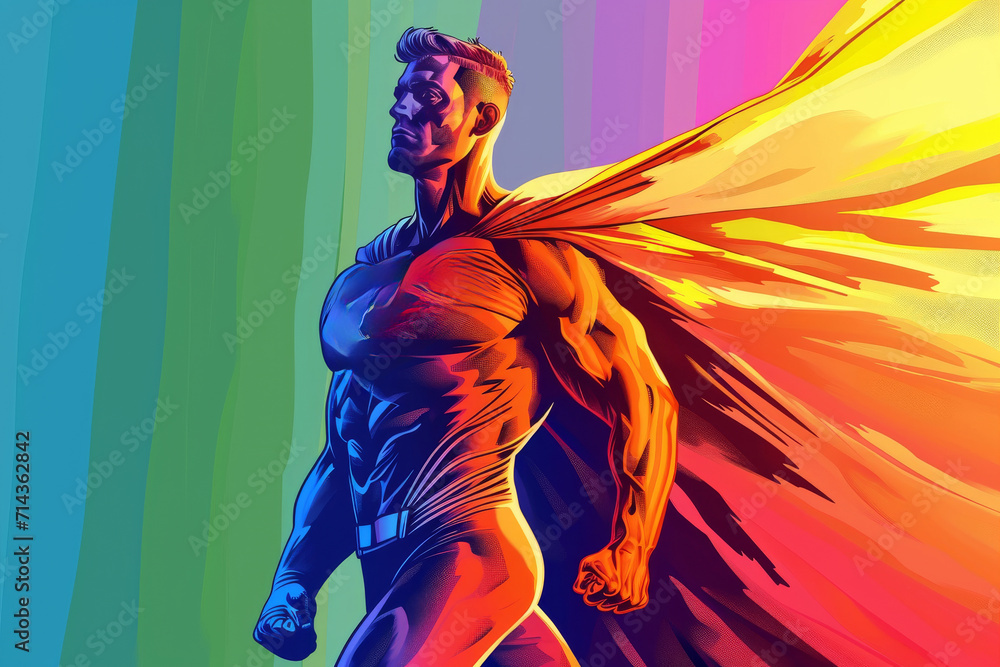 Superhero proudly stands with the LGBTQ flag, serving as a guardian and protector of the LGBTQ community. 