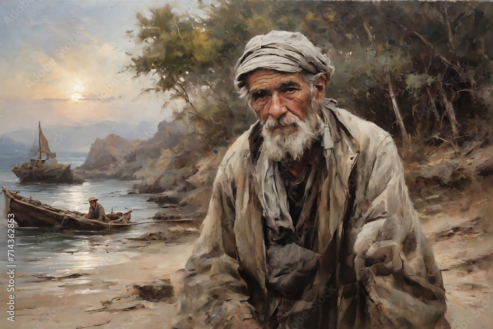 oil painting, portrait of an old fisherman man,close-up, printable art, picture to print on the wall