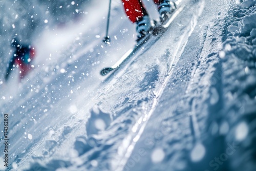 Thrill-seeker embraces the winter wonderland, gracefully gliding down the powdery slope on their skis, surrounded by glistening snow and the crisp outdoor air