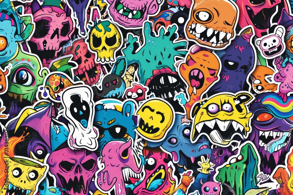 Vibrant cartoon stickers come to life in a modern and psychedelic artwork, blending drawing, painting, and illustration to create a dynamic display of fabric-inspired graphics