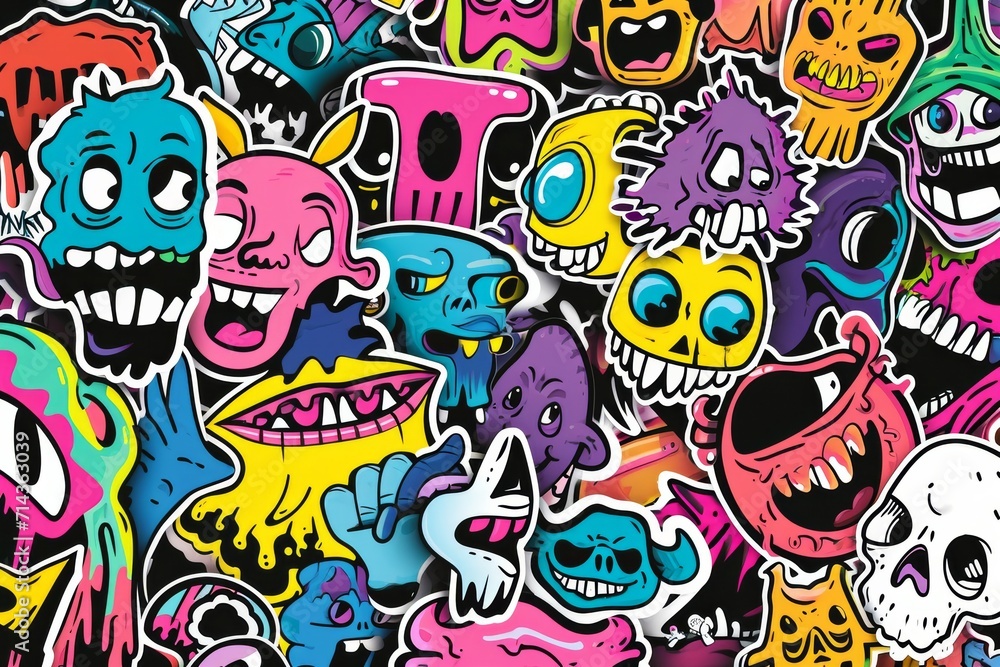 A vibrant array of cartoon stickers, each with a unique color palette and expressive face, evoking a sense of whimsy and psychedelic energy in their artful illustrations and graffiti-inspired graphic