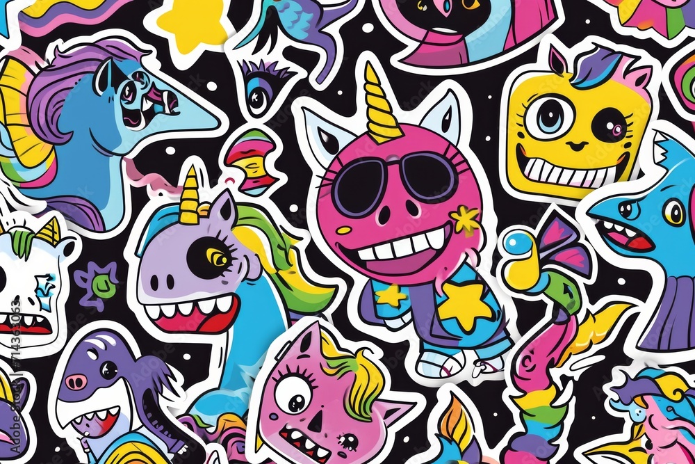 Vibrant cartoon stickers come to life in a playful explosion of childlike artistry, showcasing whimsical doodles and bold illustrations that are sure to bring a smile to any face