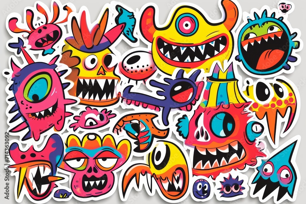 A vibrant collection of expressive stickers featuring a variety of colorful faces, each drawn with intricate detail and a playful cartoon style