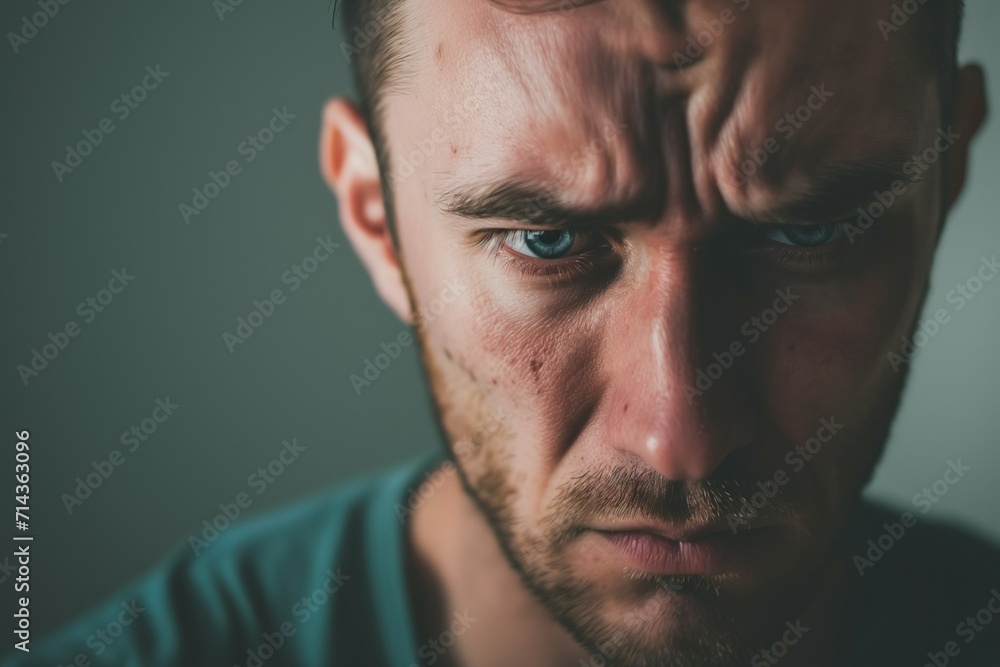 Obraz premium Intense Close-Up Portrait of a Man with a Focused Gaze. Generative AI.