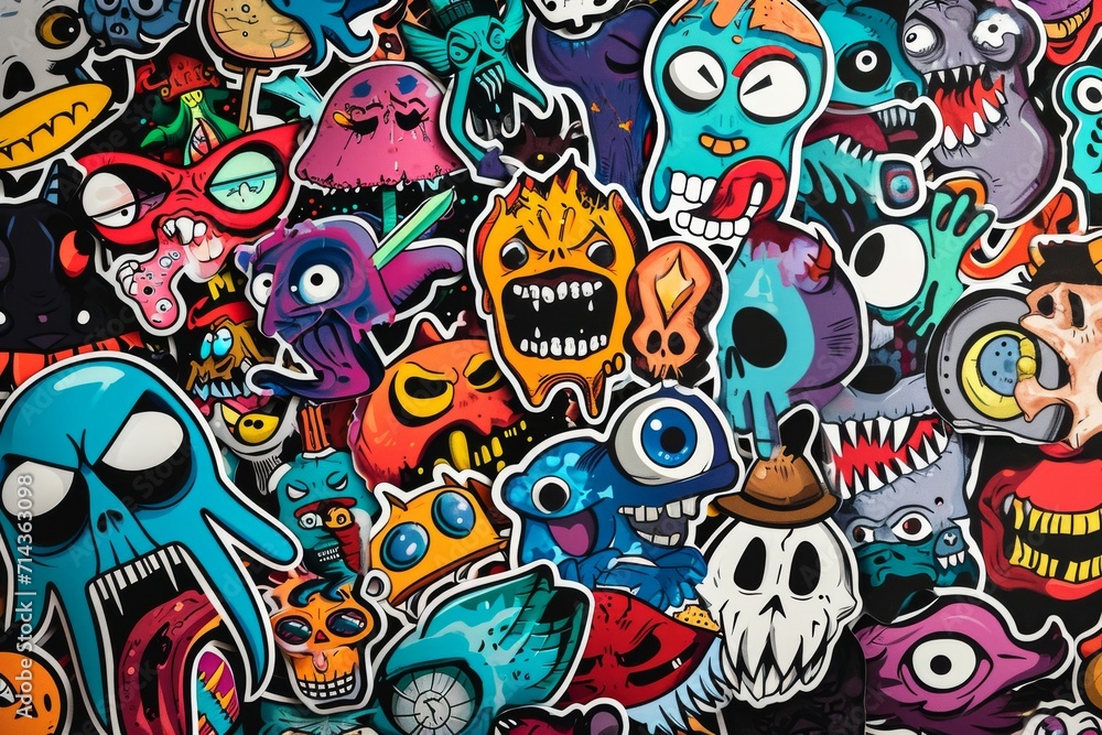 Obraz premium A colorful collection of modern cartoon stickers, each uniquely designed with elements of drawing, painting, and psychedelic art to create a visually striking and playful representation of the world 