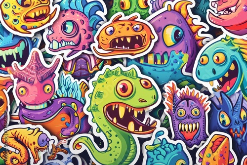 A playful and vibrant illustration of cartoon monsters, drawn with childlike innocence and psychedelic colors, showcasing the power of art and imagination