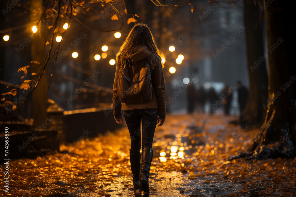 Young woman walking alone in the dark in a public park