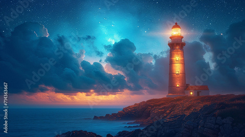 A lighthouse on the island with a beautiful night view photo
