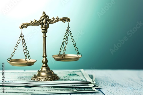 A classic scale of justice with money on its base symbolizing the interplay between law and finance