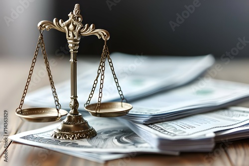 A classic scale of justice with money on its base symbolizing the interplay between law and finance
