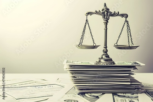 A classic scale of justice with money on its base symbolizing the interplay between law and finance