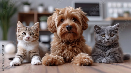 Wallpaper Mural The dog and cats in front of the table Torontodigital.ca