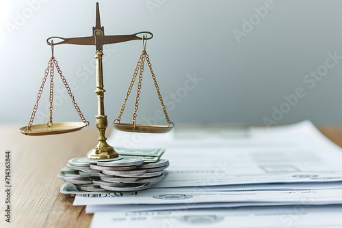 A classic scale of justice with money on its base symbolizing the interplay between law and finance