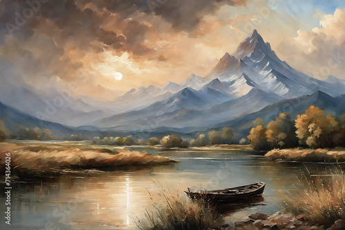 Oil painting, beautiful landscape, lake in the background, mountains and an old cottage , picture for printing on the wall