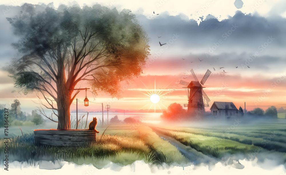 Fototapeta premium sunrise over the river near village, watercolor painting.