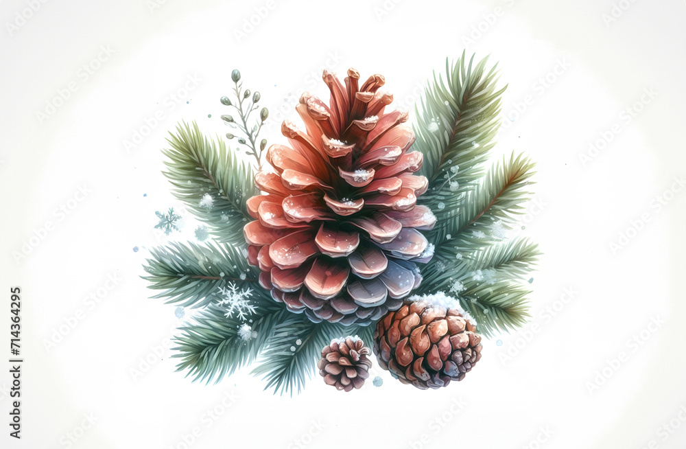 Fototapeta premium Pine cone on a branch watercolor painting.