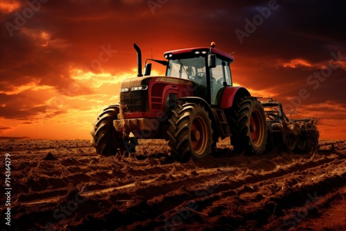 Modern heavy red tractor on the barley field in golden sky sunset view. Generate AI image