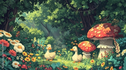  a painting of a group of ducks in a forest with mushrooms and daisies in the foreground, and a group of ducks in the foreground with flowers in the foreground.