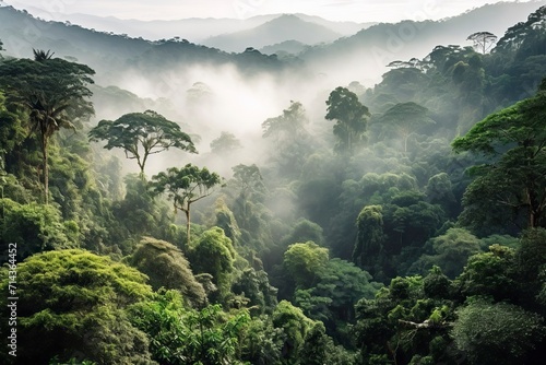 Rainforest landscape with trees and fog