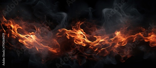 Close up of fire flames with smoke on a black background. Generate AI image