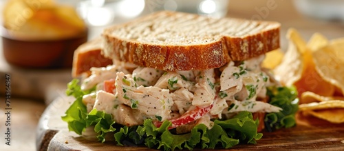 Healthy homemade chicken salad sandwich with chips. photo