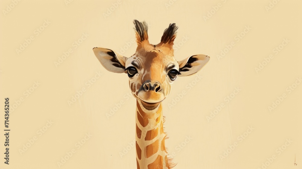 a close up of a giraffe's face on a beige background with a black spot in the middle of the head and a black spot in the middle of the giraffe's eye.