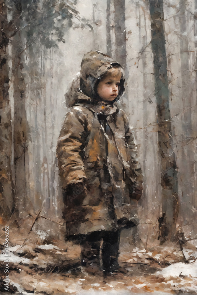 rustic oil painting, young boy in the forest in winter, printable art, picture for printing on the wall