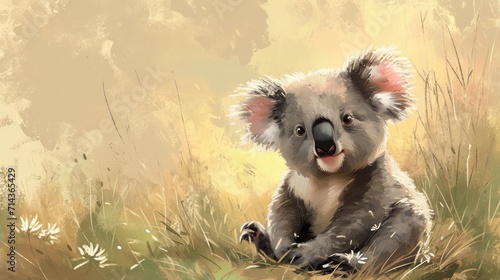  a digital painting of a koala bear sitting in a field of tall grass and looking at the camera with a smile on its face, with a yellow background of grass and yellow.