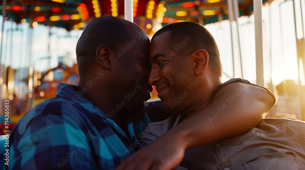 Happy mature black gay male couple embracing at a funfair amusement park summer festival