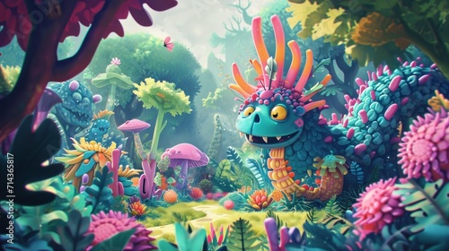  a digital painting of a blue dragon surrounded by plants and mushrooms in a colorful, cartoon - like environment with mushrooms, mushrooms, and other plants, and mushrooms.