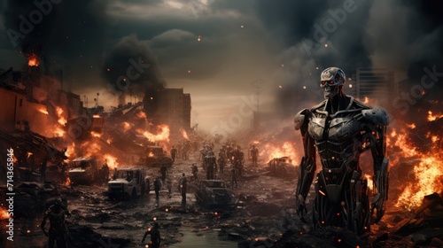Humans against robots concept. World war. Destruction. Artificial intelligence android on the battlefield. AI Generated