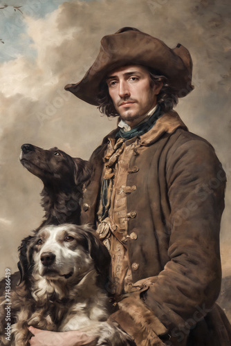 oil painting rustic, vintage portrait of a man with a dog, printable art, picture for printing on the wall © GartG