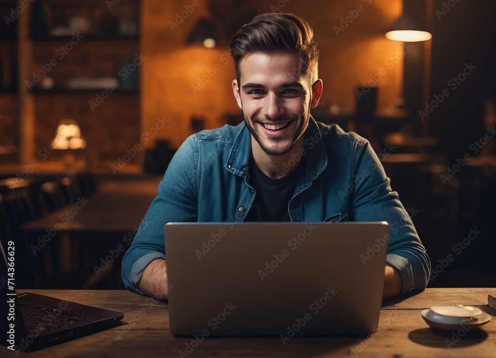 smiling programmer working at a laptop smiling programmer working at a laptop