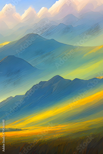Mountain landscape view, watercolor, green and yellow colors. Good for background, postcards, poster, book cover and canvas, Generative AI