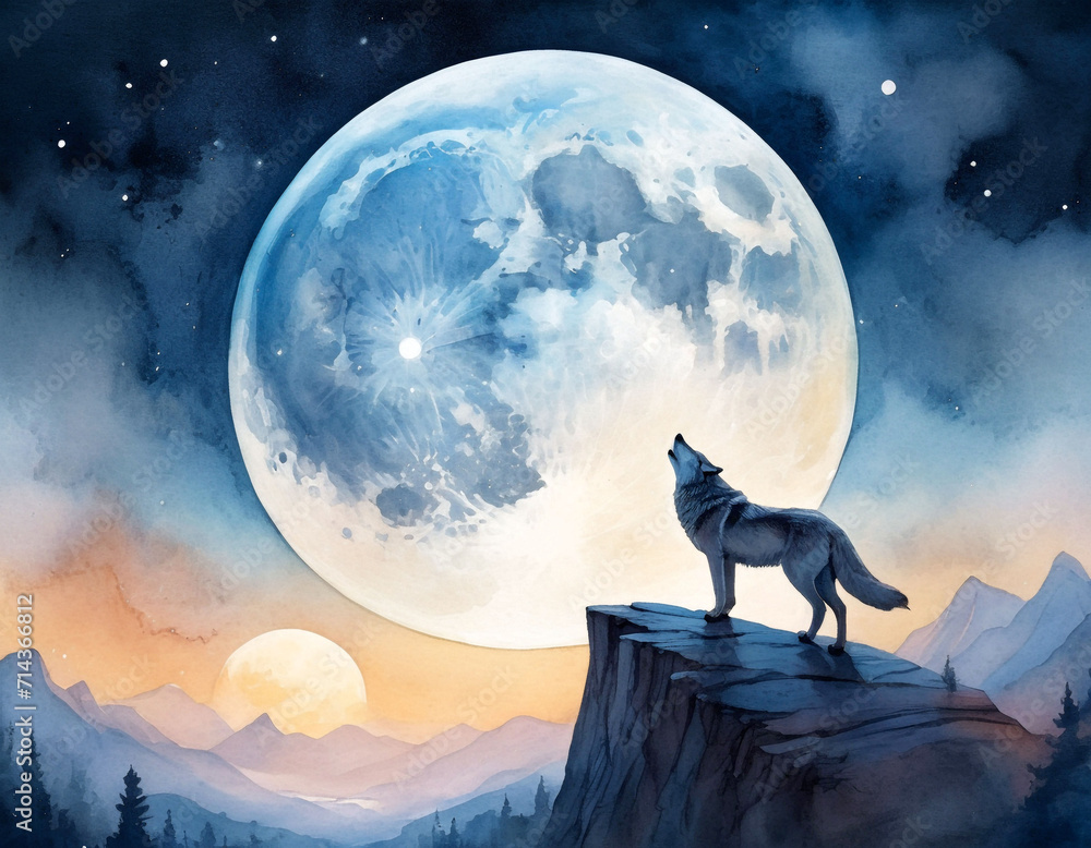 Wolf howling at the moon. Full moon, starry night sky. Watercolor story book style. Good for postcards, poster, book cover and canvas, Generative AI Wolf howling at the moon. Full moon, starry night sky. Watercolor story book style. Good for postcards, poster, book cover and canvas, Generative AI