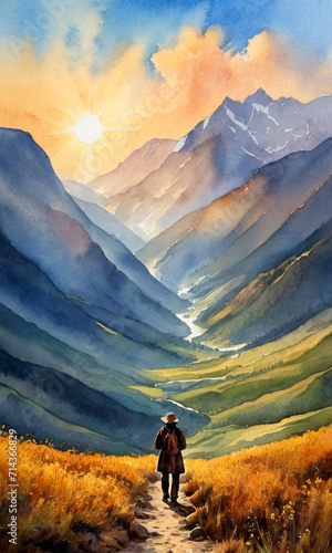 hiker in the mountains. Watercolor Painting. Long way at home. Adventure and travel picture. Good for postcards, poster and canvas. Generative AI photo
