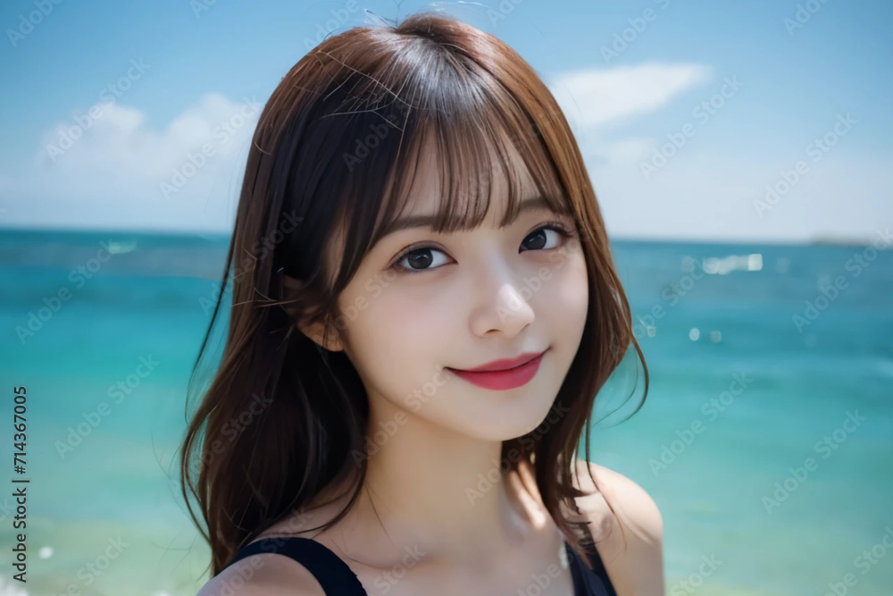 Japanese woman smiling in a swimsuit at the sea. Generative AI