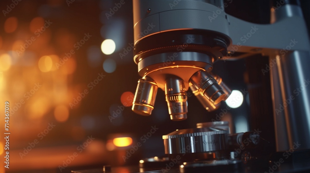close up of compound microscope with ray of orange Ai Generative close up of compound microscope with ray of orange Ai Generative
