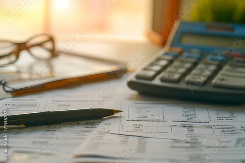 Tax forms with calculator and glasses, indicating meticulous tax preparation photo